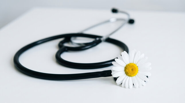 Black medical stethoscope with a fresh white daisy flower on its earpiece, symbolizing healthcare, nature, and holistic wellness.