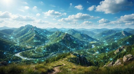 Obraz premium Digital network connection over a lush mountain landscape with a winding river, representing smart technology integration, environmental monitoring, and connectivity world science day
