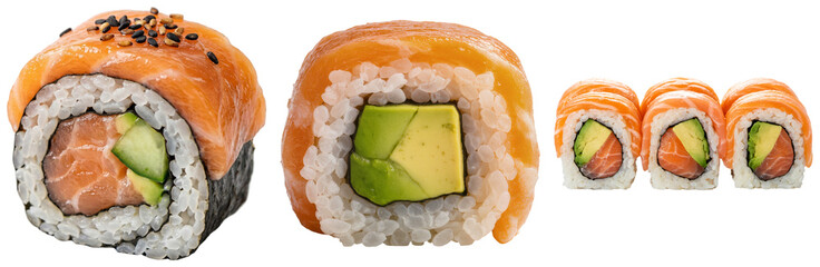 Salmon avocado sushi rolls isolated on transparent background © Huan