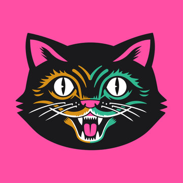 Cat tattoo style illustration, pop art, happy smiling animal