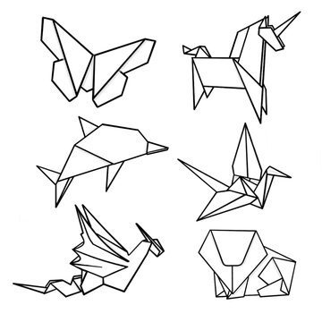 Origami geometric line art vector set with butterfly, unicorn, dolphin, crane, dragon, and lion