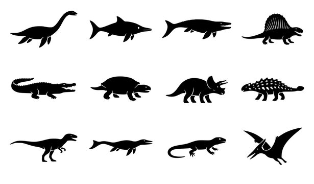 Prehistoric Reptiles Black Silhouette Vector Icon Collection