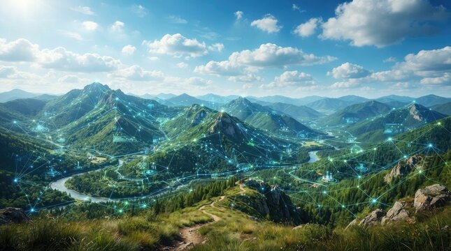 Digital network connection over a lush mountain landscape with a winding river, representing smart technology integration, environmental monitoring, and connectivity world science day