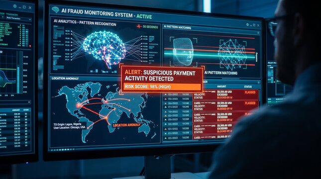 Ai system detecting suspicious payment activity on computer screen with monitoring system alerting displays fraud monitoring cybersecurity recognition technology interface