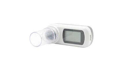 A white digital medical breathalyzer device with a clear plastic mouthpiece, used for measuring alcohol levels in a person's exhaled breath isolated on a transparent background © Nusrat