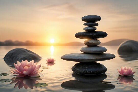 Zen stone stack with pink lotus flowers on calm water at sunset