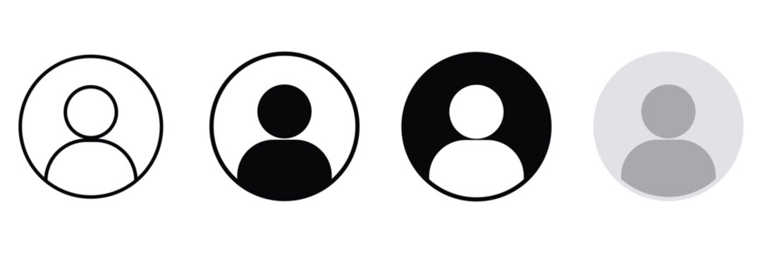 Set of four user profile avatar icons in different styles, including outline, solid black, inverted, and grey silhouette designs for web and mobile interface applications
