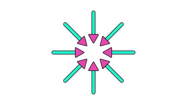 Animation of eight vibrant arrows radially pointing inwards, symbolizing focus, convergence, and the power of centralization. Looping video. Isolated on white background