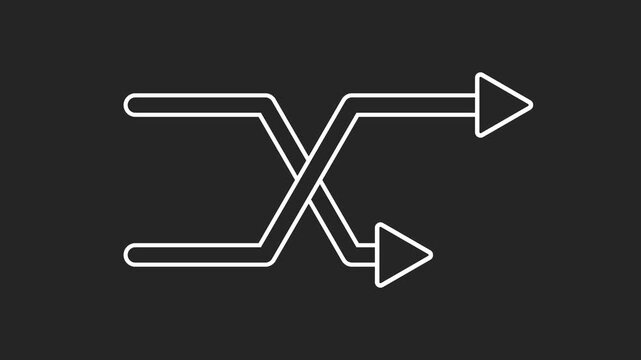 Animated of a shuffle or random play icon with intertwined arrows. Signifying unpredictable sequence or mixed order. Element isolated on black background. Looping video