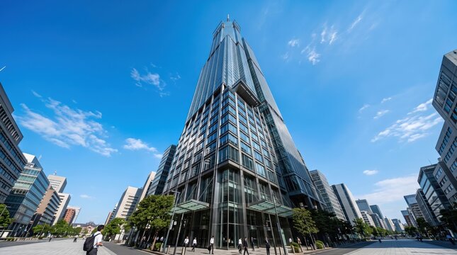 Modern Glass Skyscraper Towering Under Clear Blue Sky in City Center.