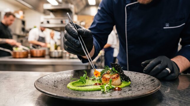 Professional Chef Plating Gourmet Scallop Dish in Restaurant Kitchen.