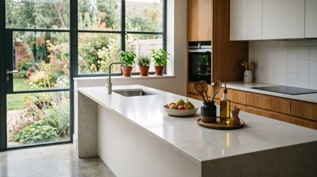Modern Kitchen Interior with Wooden Cabinets and Marble Island.