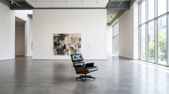 Modern Lounge Chair in Minimalist Art Gallery Interior.