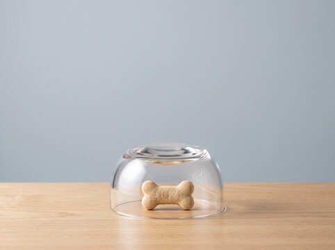 Dog treat trapped under a clear glass bowl on wooden table