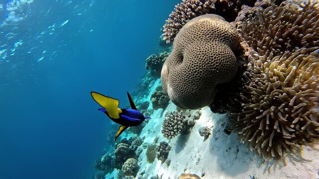 Blue Tang Surgeonfish Swimming Over Vibrant Coral Reef in Clear Tropical Ocean