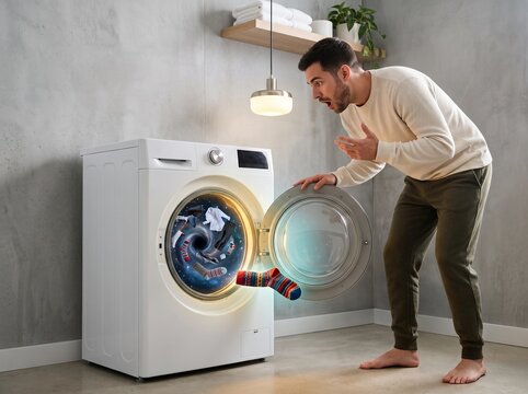 Surprised man watching a vortex pull clothes into washing machine