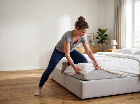 Woman making bed in bright modern bedroom interior at home