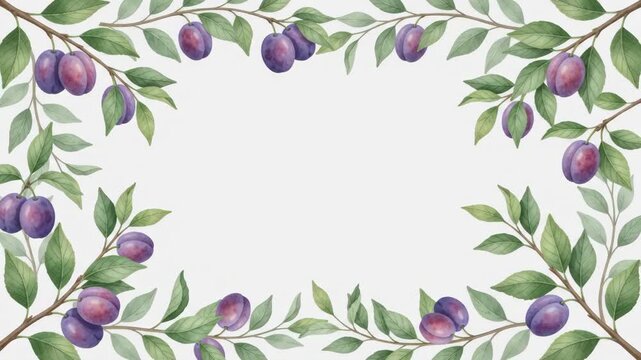 Watercolor plum branches frame with green leaves and purple fruits on a white background, perfect for invitations and designs.