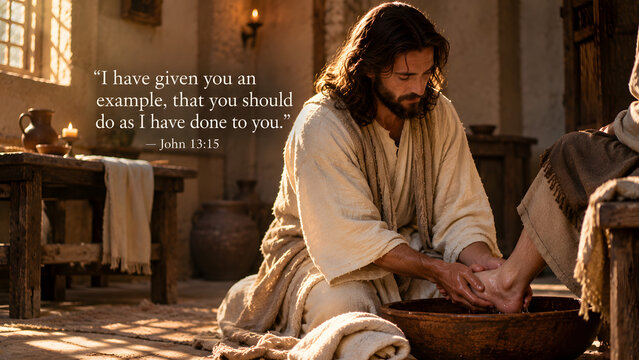 Jesus christ washing the feet of a disciple, humble act of service and love in a biblical setting
