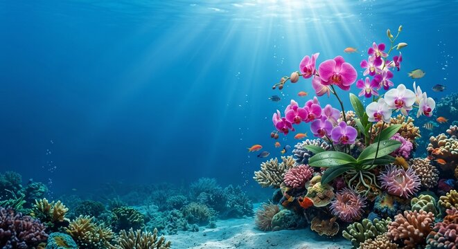 Surreal underwater scene with purple and white orchid flowers growing on a coral reef