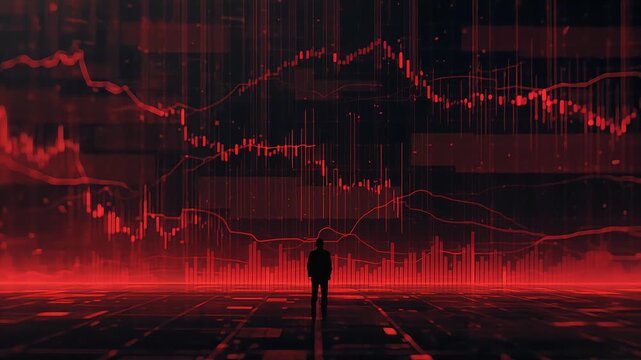 Businessman watching digital stock market crash charts in red glowing motion video footage showing a bleak financial future outlook