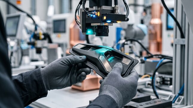 Close Up Of Engineer Hands Holding Manufactured Component Under Machine Vision Scanner