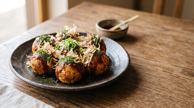 Authentic Japanese takoyaki octopus balls with savory sauce and seaweed topping, designed for restaurant menus, food advertising, culinary websites, and Japanese cuisine campaigns.