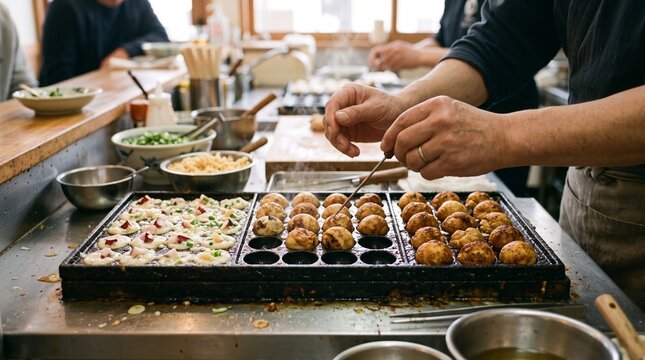 Takoyaki being turned on a molded cooking pan, showing an authentic Japanese food preparation process for recipes, culinary education, restaurant content, and food media.