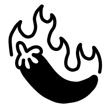 Fiery chili pepper with flames, bold black monochrome spicy hot icon