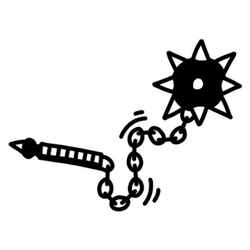 Medieval spiked flail weapon, bold black outline, chained mace doodle illustration