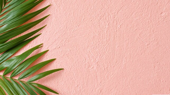 Tropical green palm leaves framing a textured coral pink background with generous copy space for summer branding and design