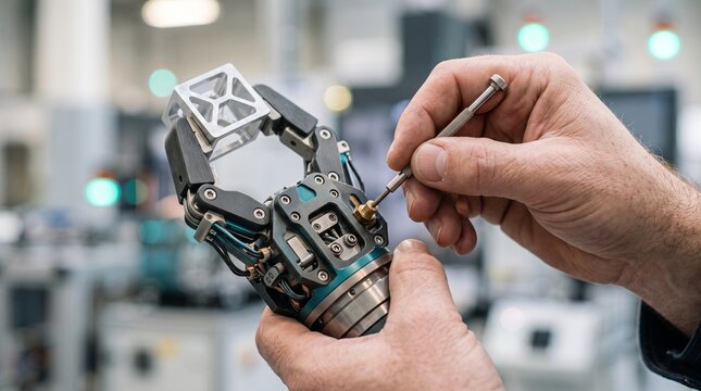 Close Up Of Engineer Hands Repairing Robotic Gripper Mechanism With Precision Tool