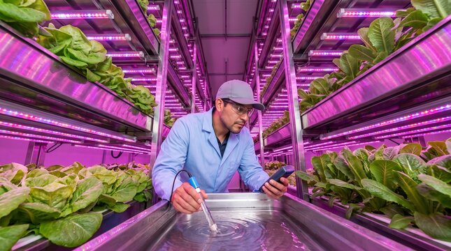 Hydroponic Farming Technician Checking Nutrient Levels in Vertical Farm
