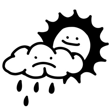 Cheerful sun peeks behind sad rainy cloud &mdash; contrasting weather friends, cute minimalist icon