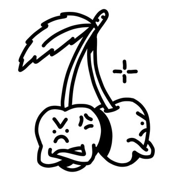 Angry cute cherry character pair, bold black line doodle, expressive fruit face, fun edgy icon