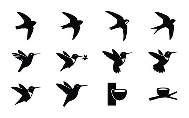Fototapeta premium 12 Bird Silhouettes in Flight and Nesting, Silhouette, for Nature and Wildlife Themes