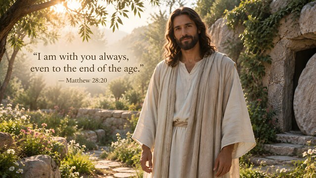 Jesus christ standing in a garden, representing eternal presence, with the quote from matthew 2820