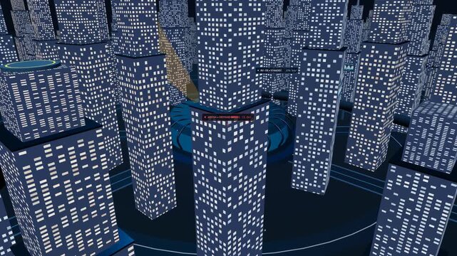 3D animation of a futuristic smart city hub utilizing an artificial intelligence network for autonomous fleet dispatch, surveillance, and establishing security cordons across the urban grid