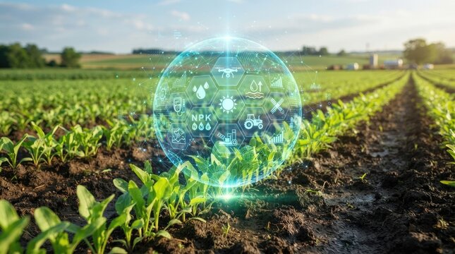 Smart farming concept with digital technology and data analytics overlay on a green agricultural field with young crops for precision agriculture and sustainable growth world science day