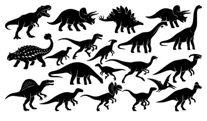 Dynamic Prehistoric Dinosaur Silhouette Vector Icons and Wildlife Set © Majadur
