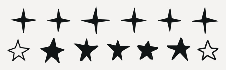 Obraz premium Vector illustration of various black star shapes in different styles and outlines.