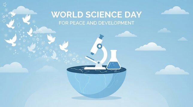 World science day for peace and development concept with a microscope and laboratory flask on top of a globe with flying doves and scientific icons world science day