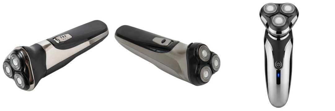 Three views of a modern electric shaver with rotary blades, isolated on a transparent background.