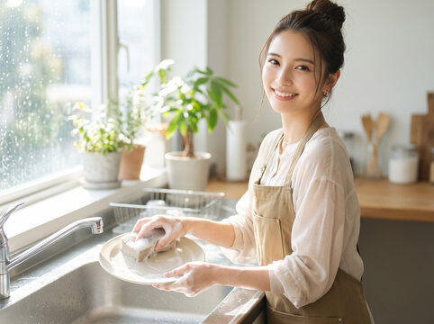 キッチンで皿を洗う笑顔のエプロン姿の女性