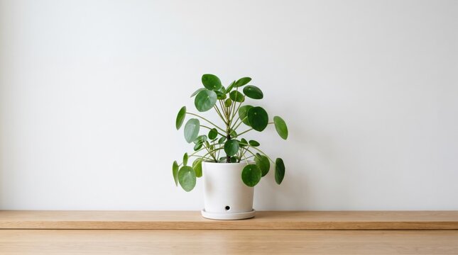Pilea Peperomioides Plant in White Ceramic Pot on Wooden Surface.