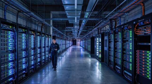 Technician Walking Through Modern High Tech Data Center Server Room.