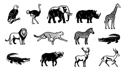 Fototapeta premium Detailed black and white vector graphic collection of wild animals