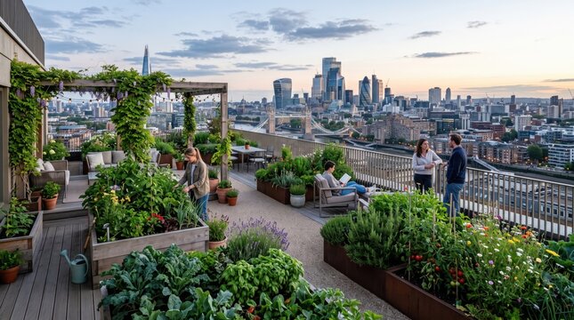 People relaxing in a lush London rooftop urban community garden.