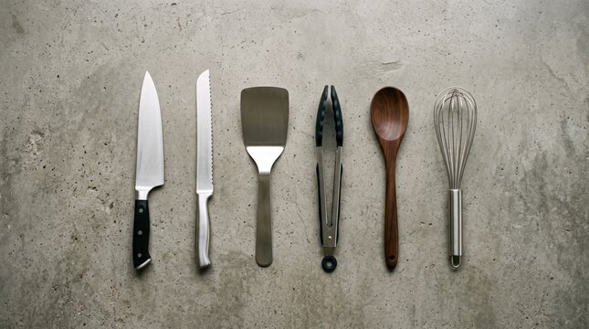 Set of Professional Kitchen Utensils on a Gray Concrete Background.