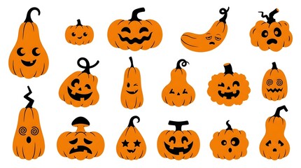 Obraz premium A collection of various hand drawn orange pumpkins with different funny and spooky faces for halloween decorations